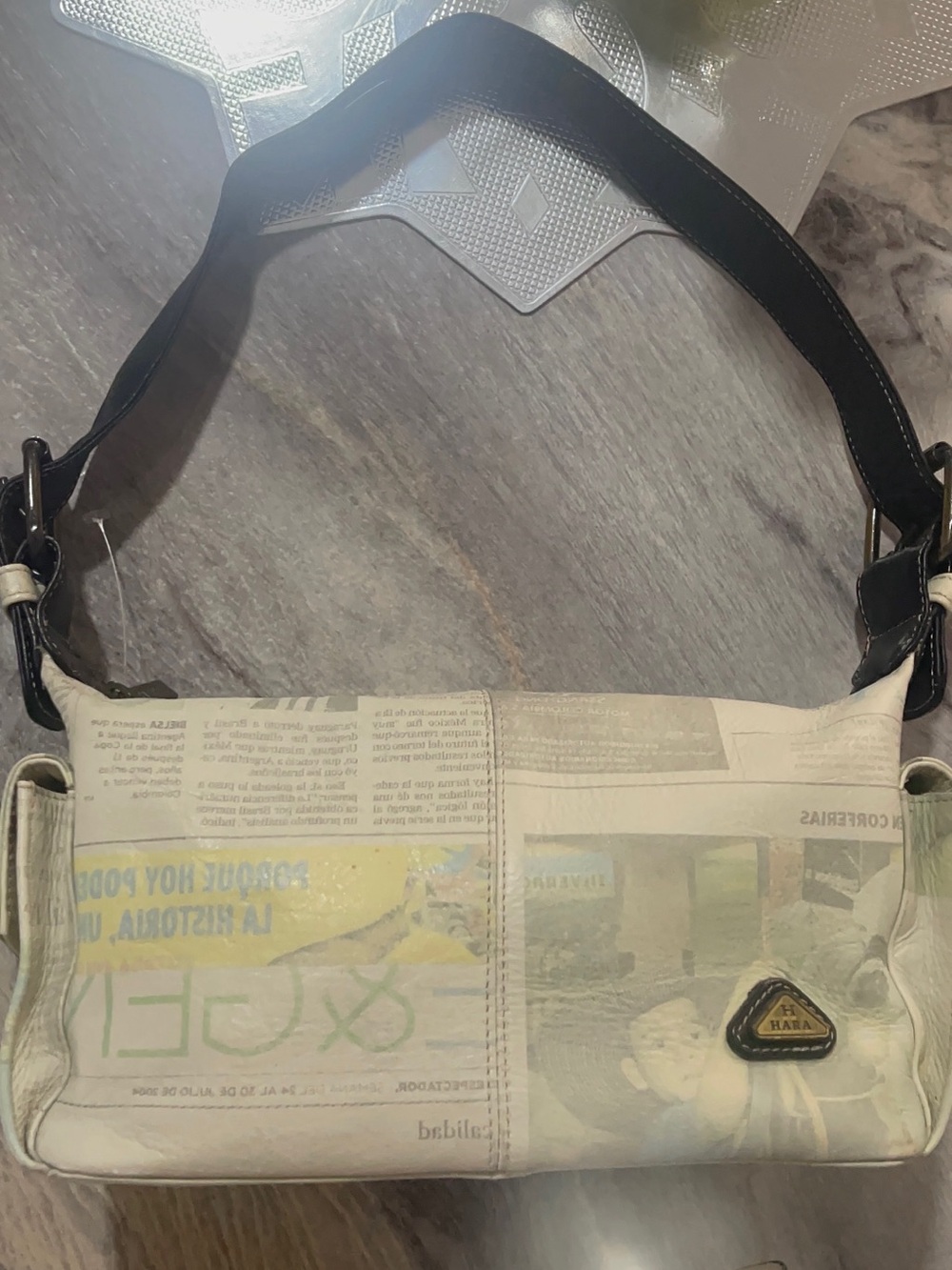 HARA Leather Bag Newspaper Print Unique Purse